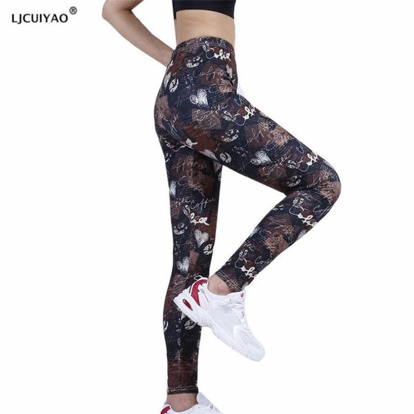 

women's leggings ljcuiyao fitness femme polyester ankle-length breathable pants coffee letters love print women push up casual stretchy, Black