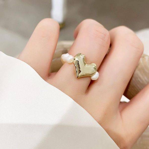 

cluster rings fashion jewelry stretch ring sweet korean temperament simlated pearls golden plating beads white heart for women finger, Golden;silver