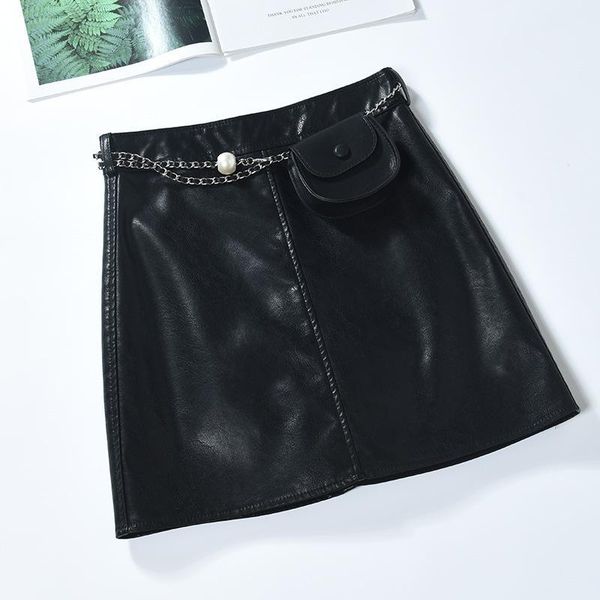 

leather skirt women's autumn and winter black hip sweet high waist a-line mini