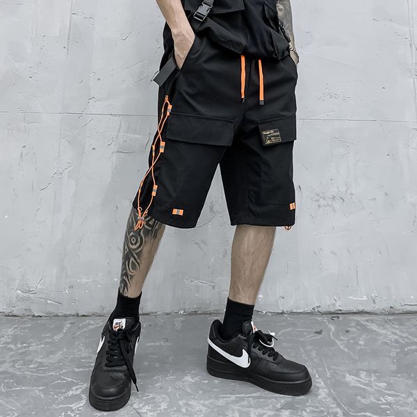 

men's shorts streetwear men hip hop joggers harajuku cargo ribbons pockets summer black tatical military baggy pants en8g, White;black