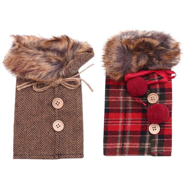 

Christmas Decorations 4 Pcs Wine Bottle Covers Plaid Clothes Linen Dress Coat Design Bags For Xmas Party