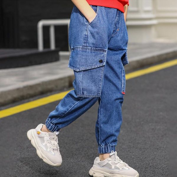 

trousers 2021 boys jeans children's wear autumn fashion denim pants for 6 8 10 12 14 years casual cargo kids clothes, Blue