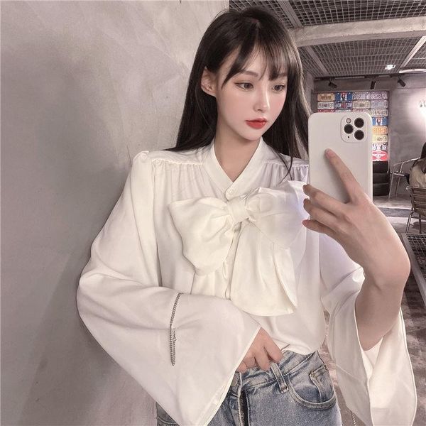 

women's blouses & shirts 2021 women autumn winter vintage blouse female bow single breasted turn-down collar long sleeve lady casual so, White