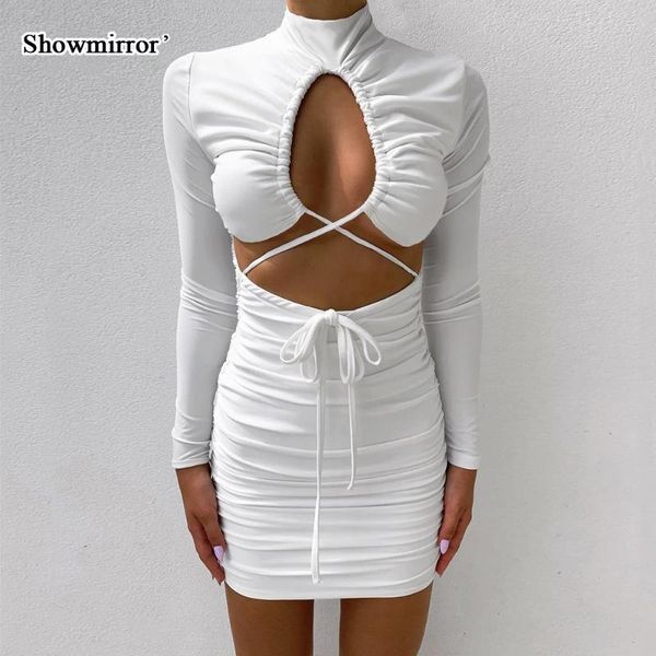

casual dresses showmirror long sleeve cut out bandage ruched mini dress women turtleneck autumn white elegant skinny clothes outfits, Black;gray