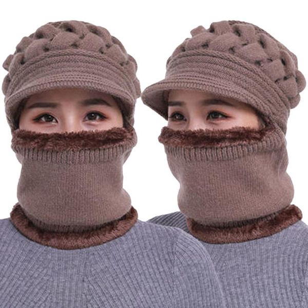 

women bib beanie hat scarf face cover knitted winter warm snow ski cap drop outdoor hats, Black;white