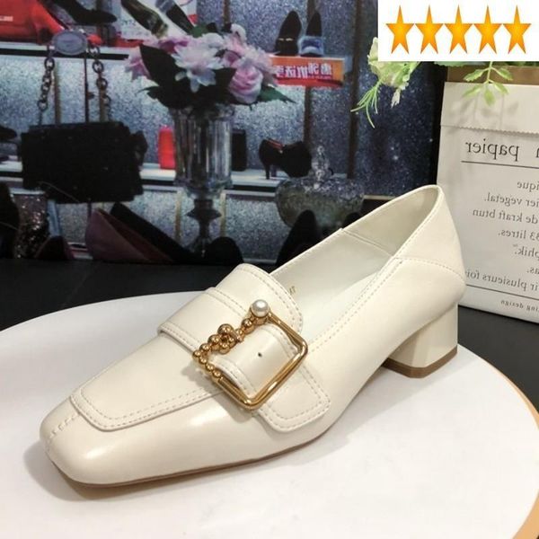 

loafers autumn ladies genuine leather elegant metal buckle square toe office thick heel shoes women street party white pumps dress, Black