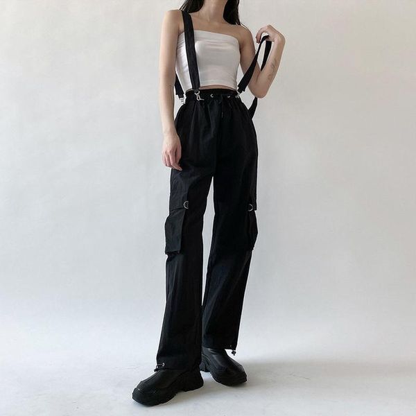 

women's pants & capris houzhou cargo overalls high waist loose solid trousers women 2021 autumn korean style fashion streetwear sweatpa, Black;white