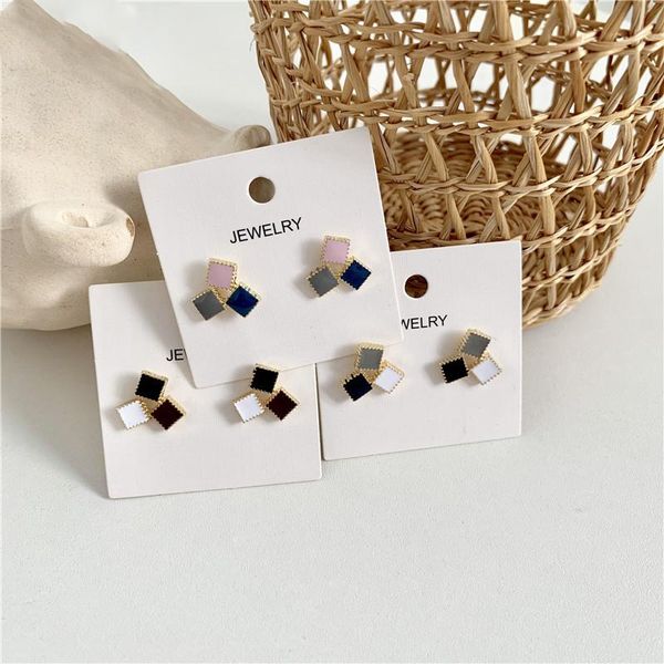 

korean simple small pink grey blue contrast color square stitching stud earrings cute pendent earring for women girl ear jewelry, Golden;silver