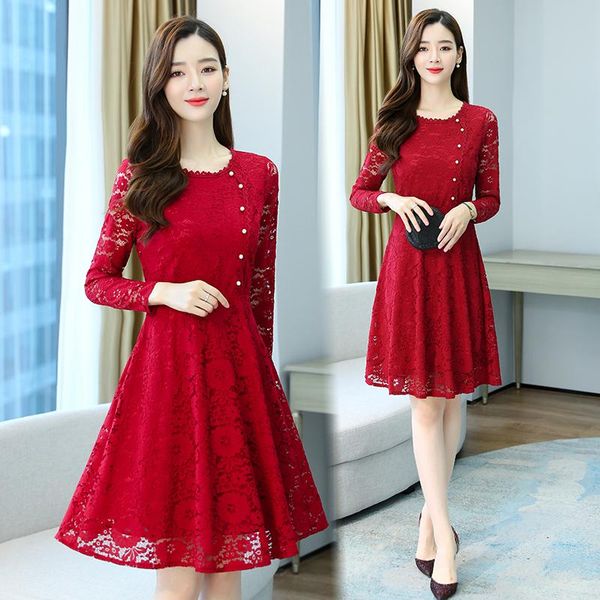 

women lace dress spring autumn casual long-sleeved hollow short party elegant pearl ol work midi ladies robe dresses, Black;gray