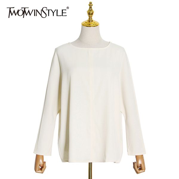 

twotwinstyle black loose set for women o neck long sleeve solid high waist wide leg pants casual sets female fall 210517, White