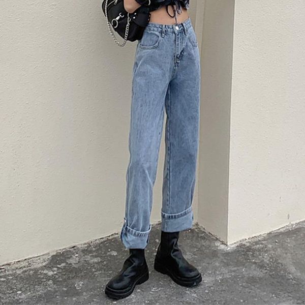 

women's jeans wome's loose high waist straight trousers 2021 summer light blue basic long pants ladies casual all-match bottoms