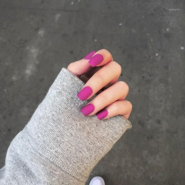 

rose red matte fake nails frosted false square full nail art tips press on finger manicure accessories1, Red;gold