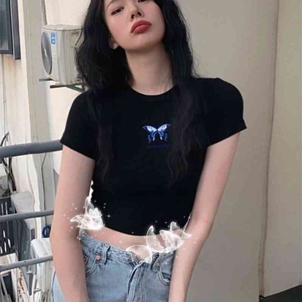 

women's t-shirt summer ins wind butterfly embroidery tight-fitting short-sleeved t-shirt female high-waisted shirt rx07, White