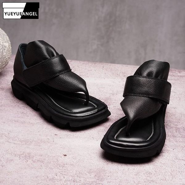 

vintage thick bottom womens flip flops comfort wedge sandals genuine leather cowhide solid hook fashion casual chaussure femme, Black