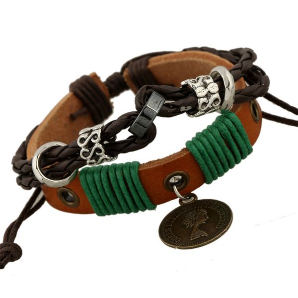 

vintage round coin women image leather bracelets handmade braided adjustable female bangles leather wristbands jewelry findings, Golden;silver