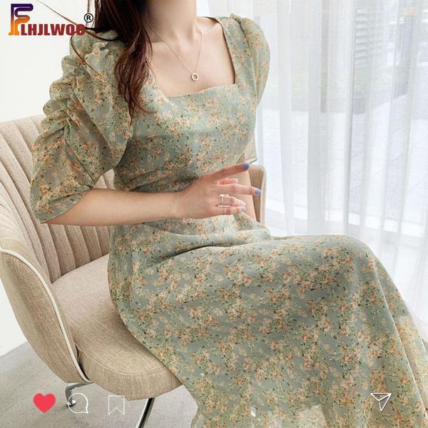 

korean chic dress elegant office lady temperament 2021 floral print square collar a line retro vintage green vestidos casual dresses, Black;gray