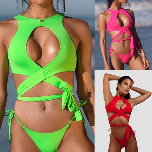 Senhoras Verão Tankinis Biquíni Nylon Tecido Reunido Cor Sólida Swimwear Sexy Ronda Pescoço Halter Estilo Voltar Hollow-Out Cross Lace-up Duas Peças Swimsuit