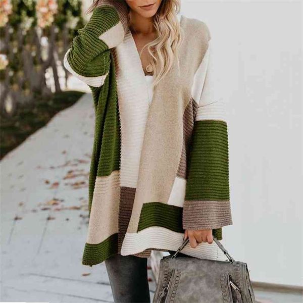 

geometric splice cardigan women autumn winter loose s womens sweaters long knit sweater contrast long-sleeved 210517, White