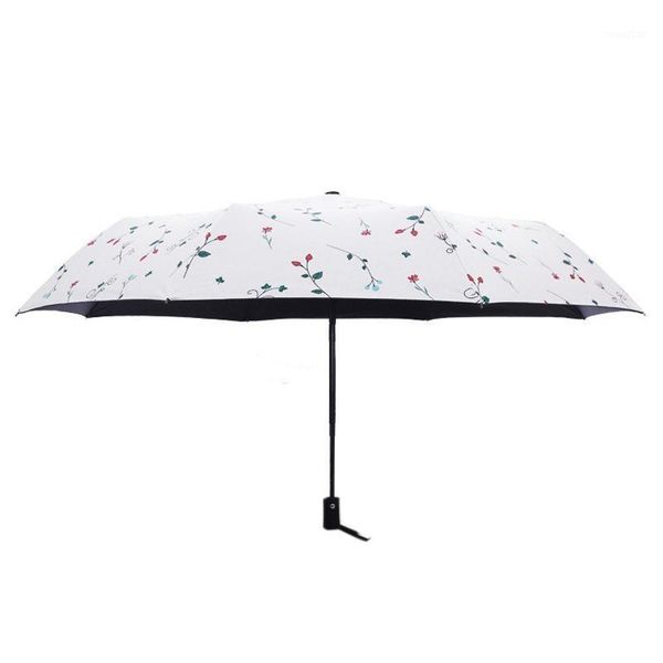

umbrellas fully automatic small fresh umbrella rain woman three fold floral black coating anti uv sun guarda1