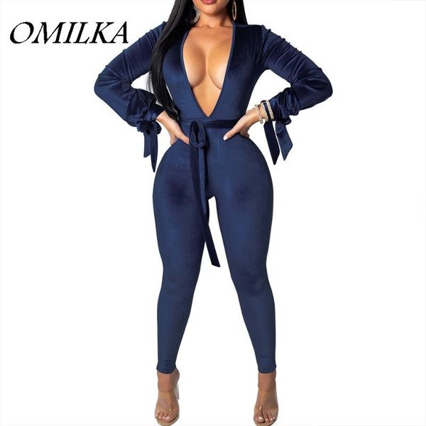 

women's jumpsuits & rompers omilka velvet bandage and 2021 autumn winter women long sleeve v neck backless bodycon club party overalls, Black;white