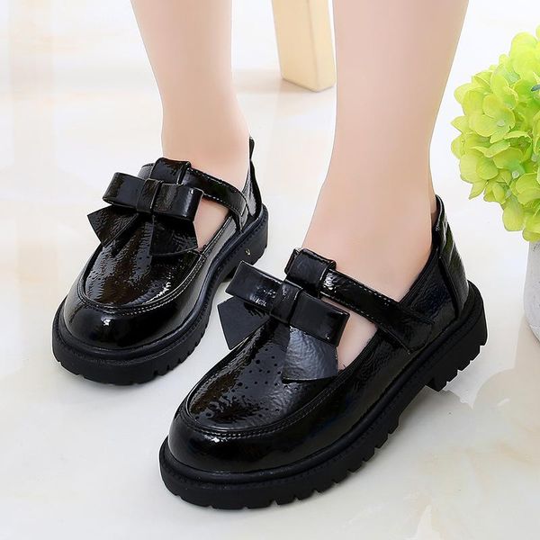 

flat shoes girls leather princess children round-toe soft-sole big high heel soft bottom black bowshoes, Black;grey