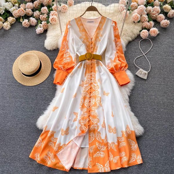 

casual dresses amolapha autumn women fashion elegant european american ol style v-neck printed slim waist big swing evening party dress, Black;gray