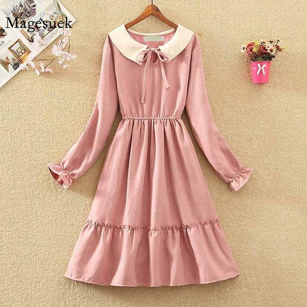 

casual dresses french vintage elastic waist slim long sleeve a-line doll collar dress bow tie women korean autumn 2021 12068, Black;gray