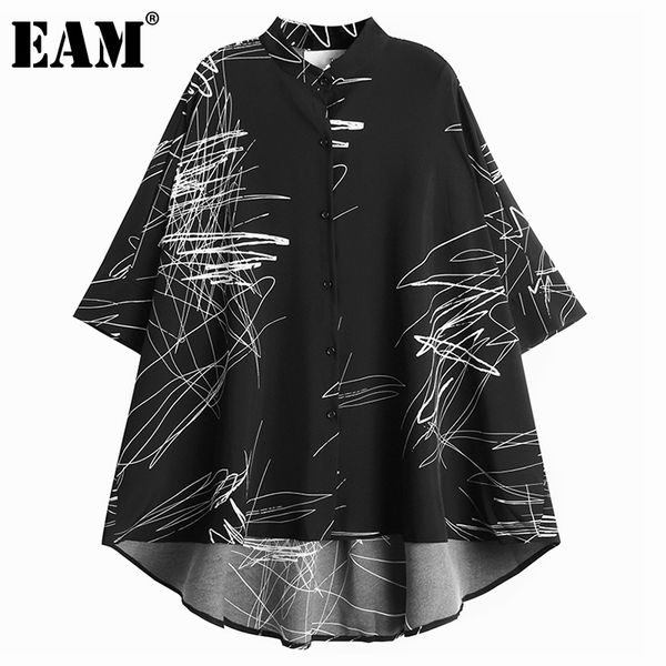 

[eam] women black big size print blouse stand collar short sleeve loose fit shirt fashion spring summer 1dd7250 210512, White