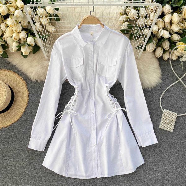 

deat women careful bandage slim shirt dress solid color long sleeve single breasted fashion spring summer 11b321 210709, Black;gray