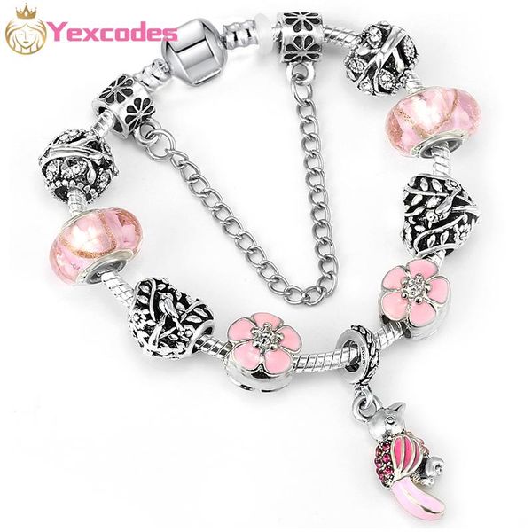 

yexcodes spring and summer pink charm bracelets diy flower beads fine bracelet female bangles jewelry, Golden;silver