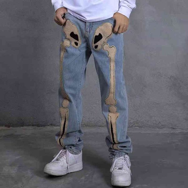 

men's pants bone towel embroidered straight ripped men's brim pants retro-streetwear oversize casual looser denim cmx8, Black