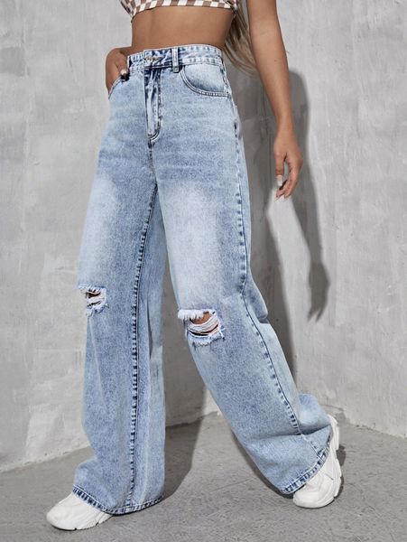 

high waist ripped wide leg jeans y54d#, Blue