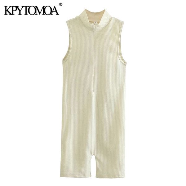 

women chic fashion zip-up ribbed knit playsuits high neck sleeveless female jumpsuits mujer 210420, White