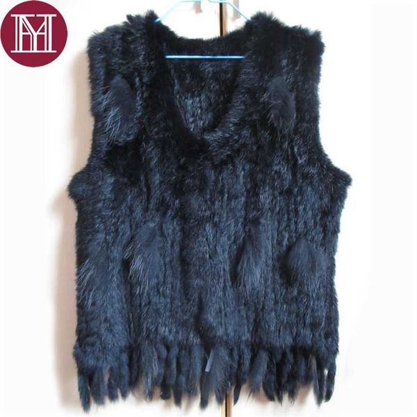 

fashion women real rabbit fur vest with tassel lady knitted natural rabbit fur coat good quality lose sale 211018, Black