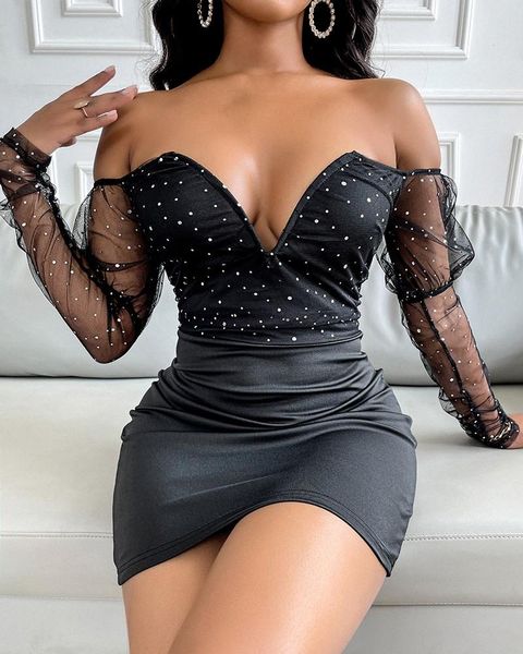 

casual dresses glitter v-cut contrast mesh gigot sleeve bodycon dress, Black;gray
