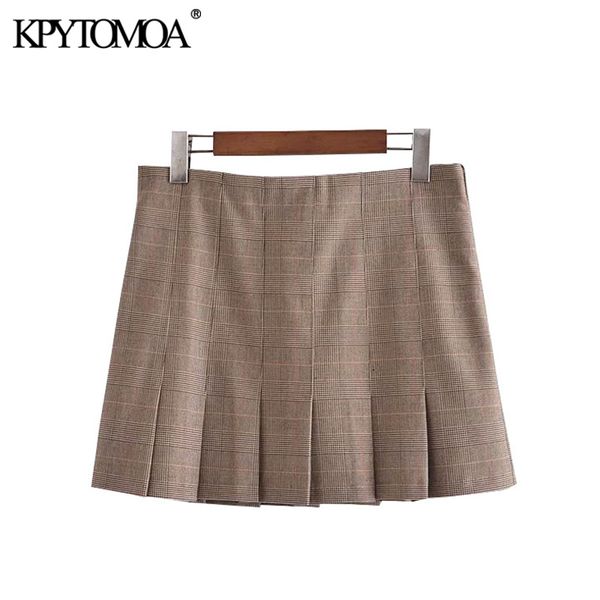 

women chic fashion check pleated mini skirt vintage high waist side zipper female skirts mujer 210416, Black