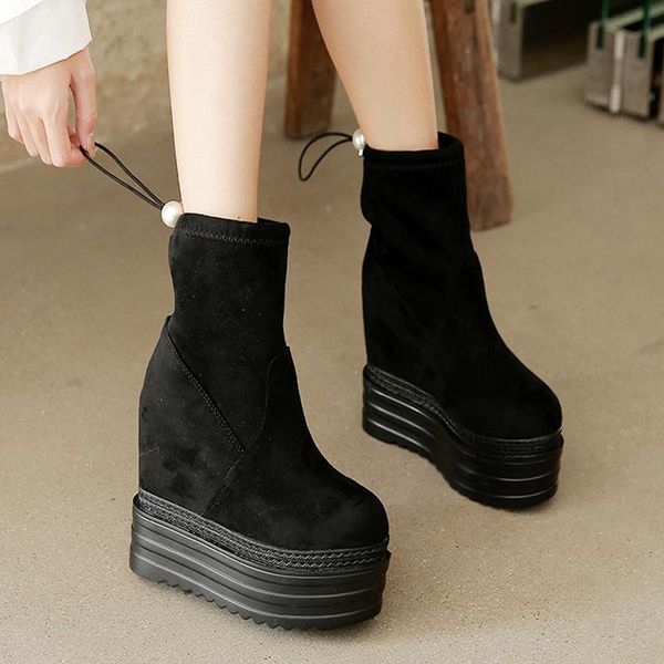 

boots winter fall platform compact black high heels shoes women mid calf for woman suede 2021 thick sole