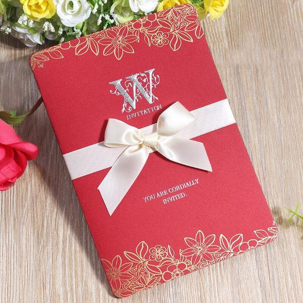 

greeting cards 30pcs/lot 3d color print red ribbon bow wedding invitations card with blank inner page part invites