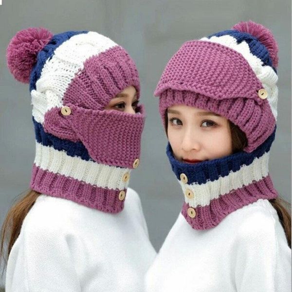 

beanie/skull caps womens winter scarf set thickend knitted hat face cover outdoor fleece lined knit beanie, Blue;gray