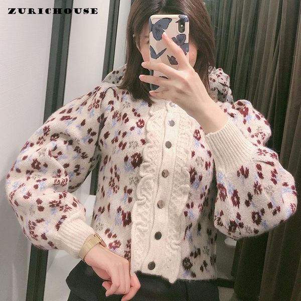 

women's knits & tees zurichouse spring cropped cardigan sweater coat women puff sleeve single-breasted jacquard knitted outerwear chic, White