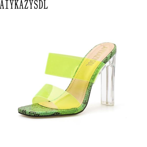 

neno green sandals slides mules snake print shoes open square toe summer crystal clear thick block high heel, Black