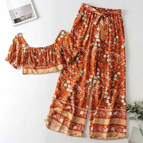 

two piece outfits floral 2 womens pants sets summer crop rayon set for beach, White