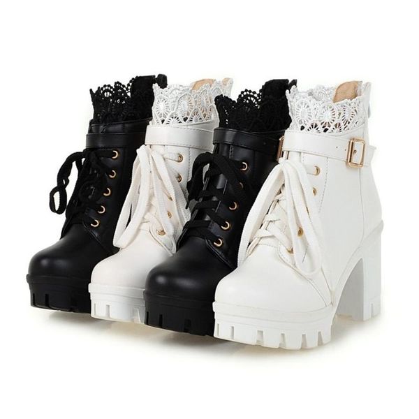 

boots autumn and winter low thick heel high short lace up size 40 41 42 43, Black