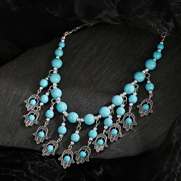 

pendant necklaces ethnic hand alloy pendants palm necklace collier femme women's vintage turquoises statement jewelry gifts 2021, Silver