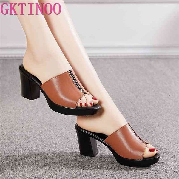 

gktinoo slipper's ladies slippers women high heels fashion rhinestone genuine leather summer shoes 210310, Black