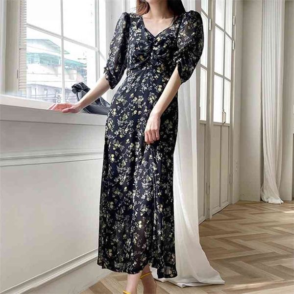 

korean chic retro boho dress summer sweet floral print women's ruched v-neck chiffon long dresses vestidos 210519, Black;gray