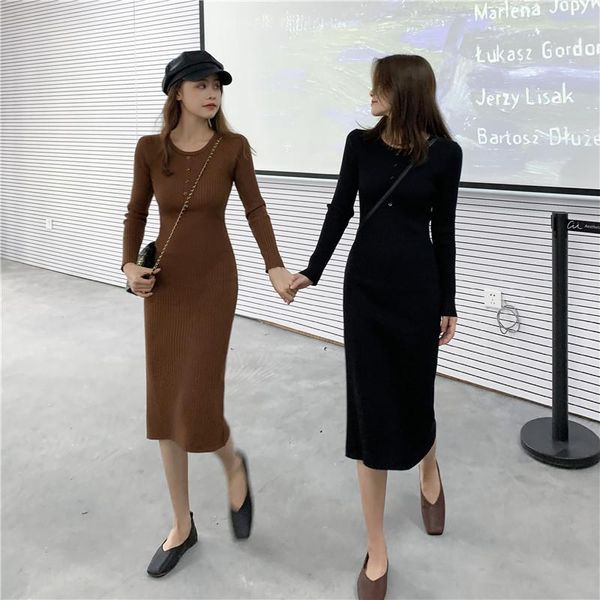 

casual dresses dress women long sleeve solid o-neck sheath knitted all-match simple autumn winter elegant lady vestidos female, Black;gray