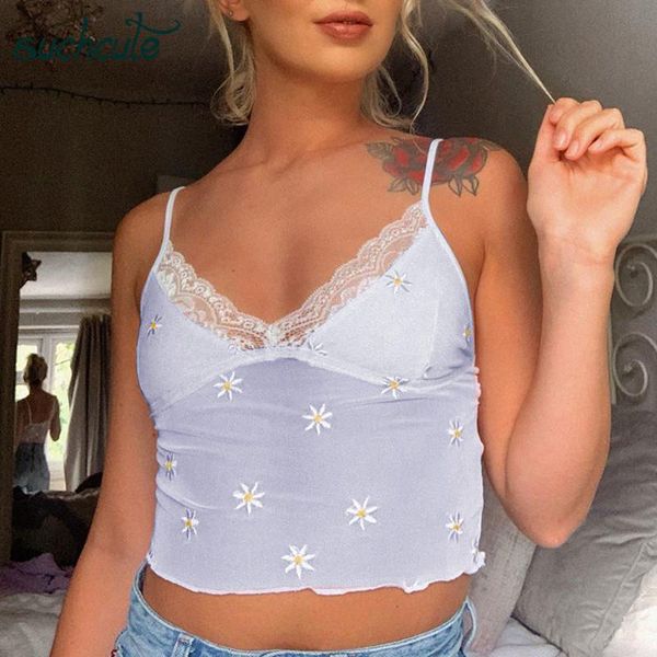 

women's tanks & camis suchcute daisy embroidery female t-shirt y2k aesthetic bow crop mesh lace summer 2021 vintage e girl tee 90s, White