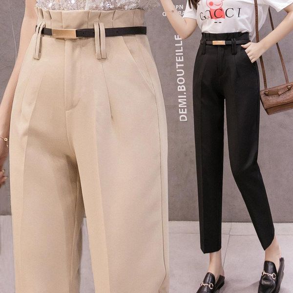 

women's pants & capris 2021 women spring korean ol style lady harem with belt high waist formal elegant office ankle-length trousers m2, Black;white