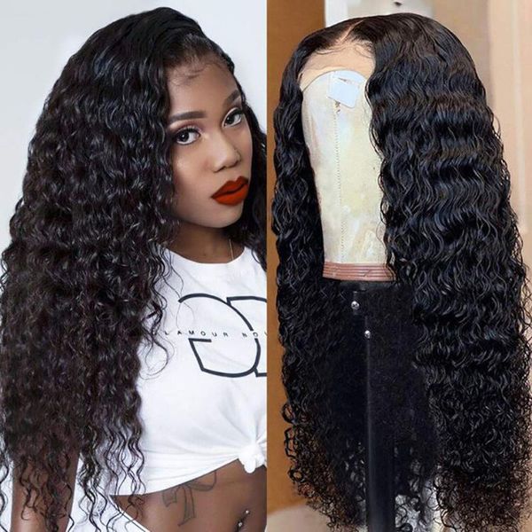 

lace wigs desgirl deep wave 4x4 closure human hair peruvian front wig with pre plucked 150 density remy, Black;brown